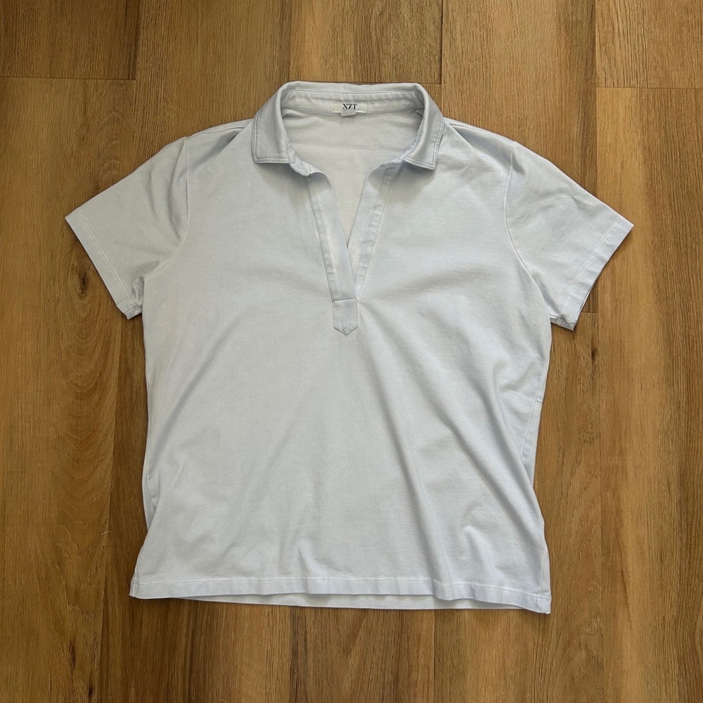 NZT Nic+Zoe Johnny collar Short Sleeve Split V-Neck Polo‎ Shirt S stretch cotton